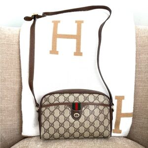 Gucci authentic brown monogram coated canvas crossbody bag brown leather